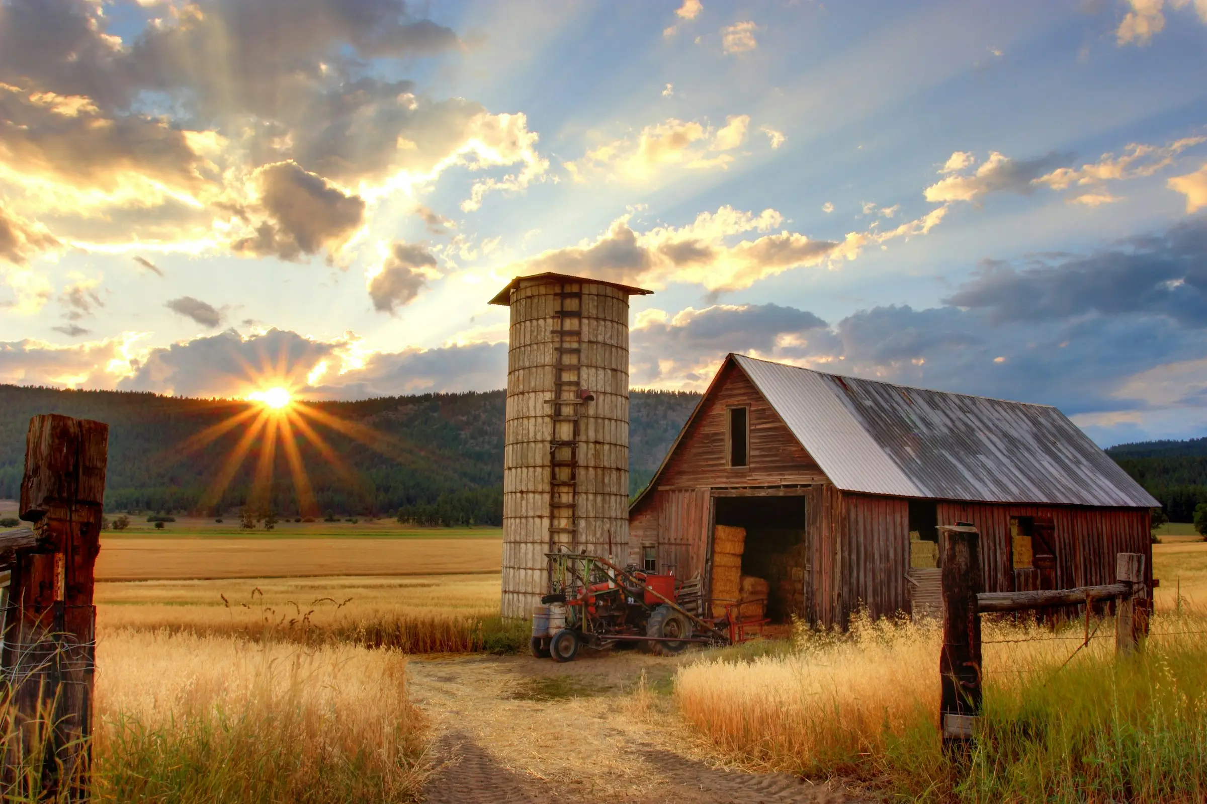 Barn and grain silo on a working ranch at sunset